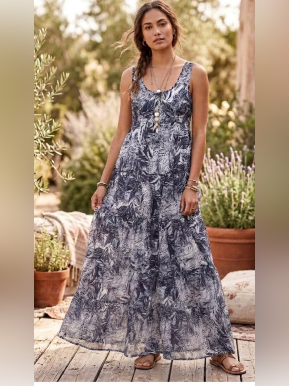 Johnny Was Lina Tiered Maxi Dress Blue White Butterfly